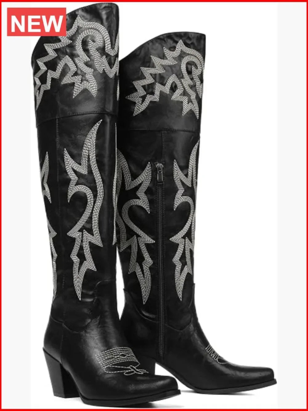 Over the Knee Boots with Chunky Heel Pointed Toe Embroidered Western Boot